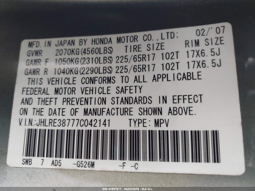2007 HONDA CR-V VIN: JHLRE38777C042141