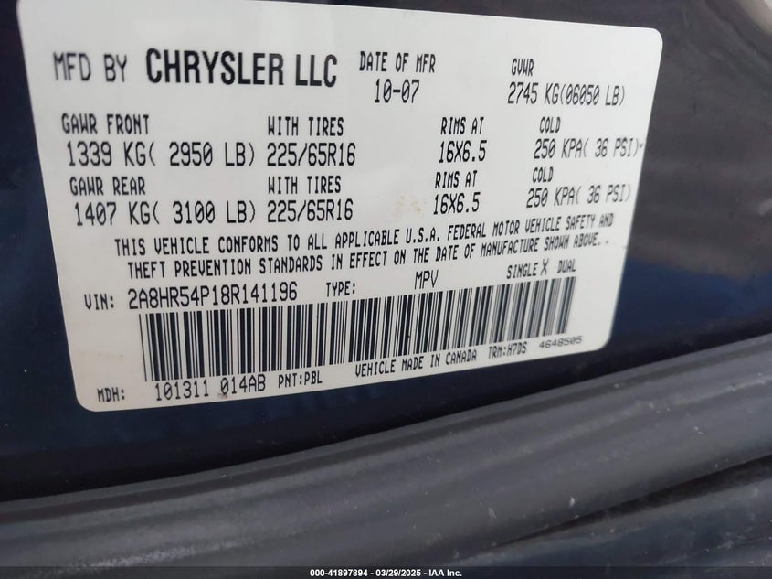 2008 Chrysler Town & Country Touring VIN: 2A8HR54P18R141196 Lot: 41897894