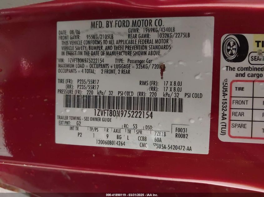 2007 Ford Mustang V6 Deluxe/V6 Premium VIN: 1ZVFT80N975222154 Lot: 41898119