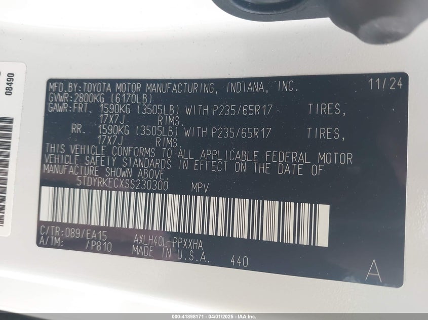 2025 TOYOTA SIENNA VIN: 5TDYRKECXSS230300
