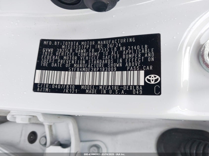 2024 TOYOTA COROLLA VIN: 5YFB4MDE2RP183009