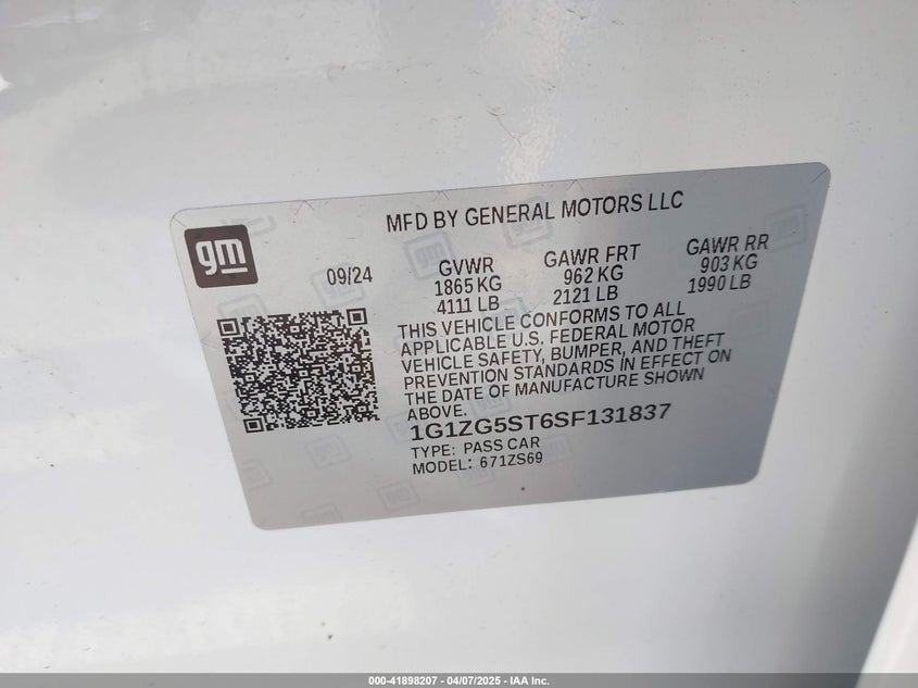 2025 CHEVROLET MALIBU VIN: 1G1ZG5ST6SF131837