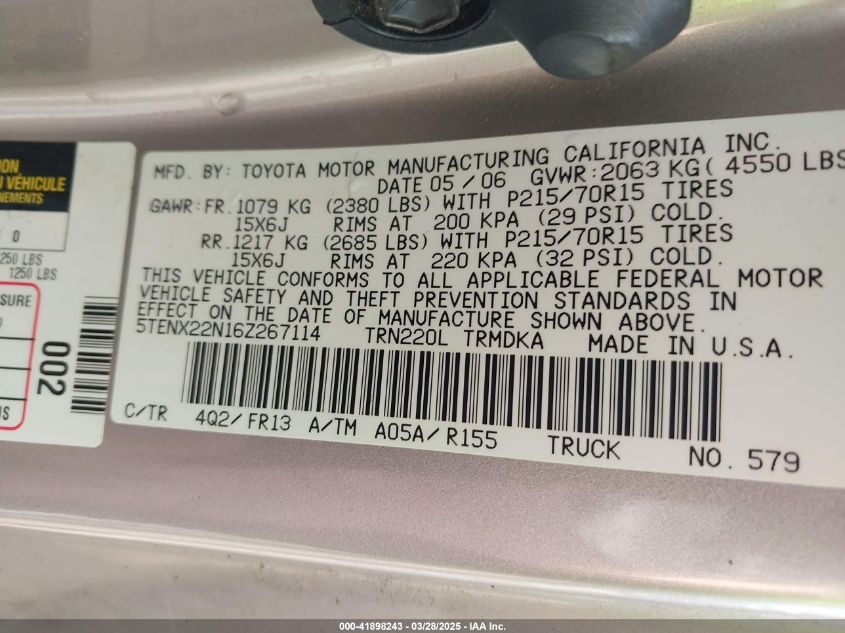 2006 Toyota Tacoma VIN: 5TEXN22N36Z267114 Lot: 41898243
