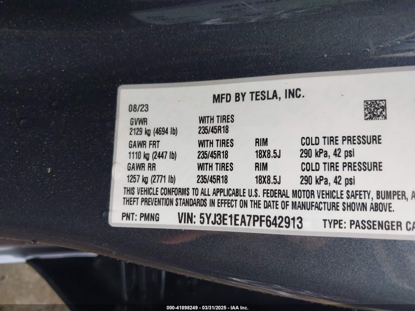2023 TESLA MODEL 3 VIN: 5YJ3E1EA7PF642913