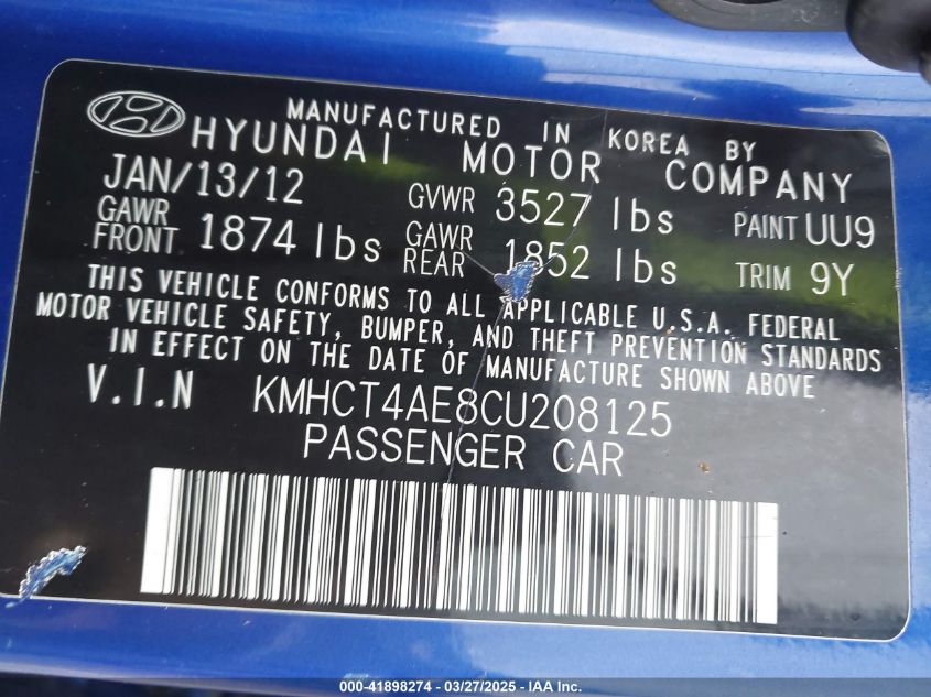 2012 Hyundai Accent Gls VIN: KMHCT4AE8CU208125 Lot: 43275646