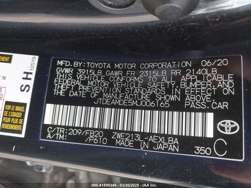 2021 TOYOTA COROLLA HYBRID LE - JTDEAMDE5MJ006165