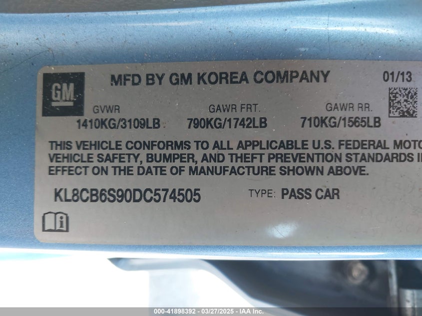 2013 CHEVROLET SPARK VIN: KL8CB6S90DC574505