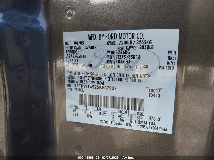 2005 Ford F-150 Fx4/Lariat/Xlt VIN: 1FTPW14525KE37907 Lot: 41898408