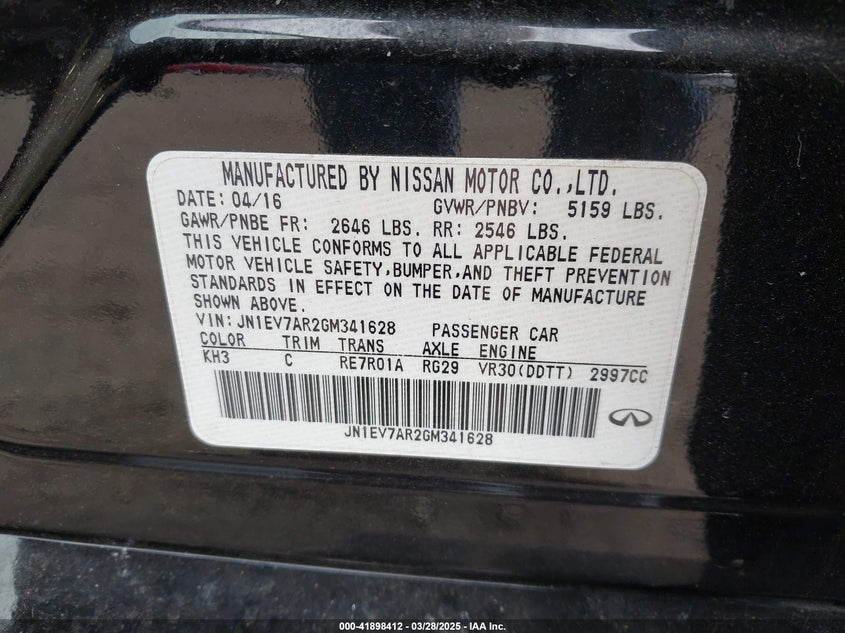 2016 INFINITI Q50 VIN: JN1EV7AR2GM341628