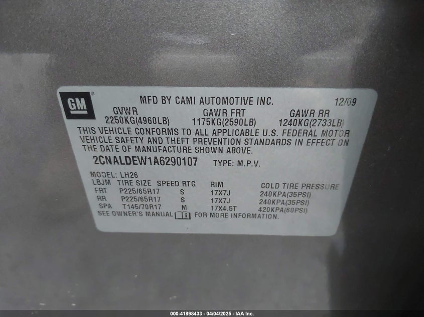2010 CHEVROLET EQUINOX VIN: 2CNALDEW1A6290107