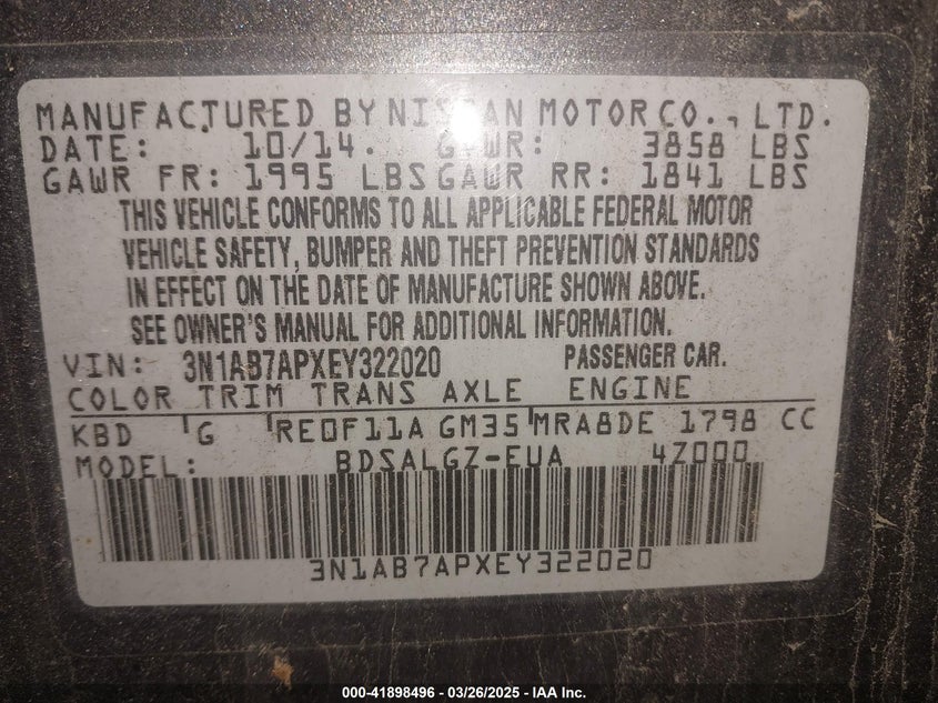 2014 NISSAN SENTRA VIN: 3N1AB7APXEY322020