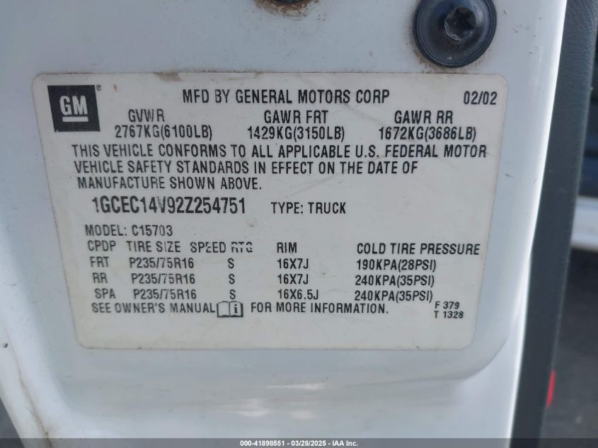 2002 Chevrolet Silverado 1500 Ls VIN: 1GCEC14V92Z254751 Lot: 41898551