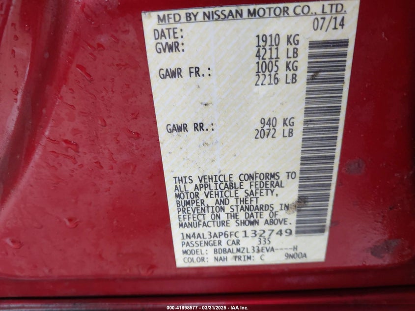 2015 NISSAN ALTIMA VIN: 1N4AL3AP6FC132749
