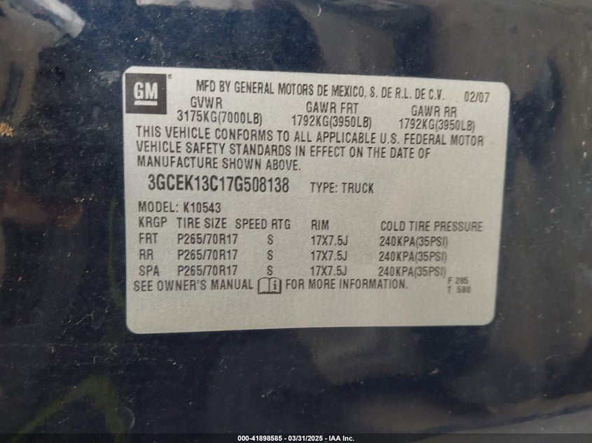 2007 CHEVROLET SILVERADO 1500 VIN: 3GCEK13C17G508138