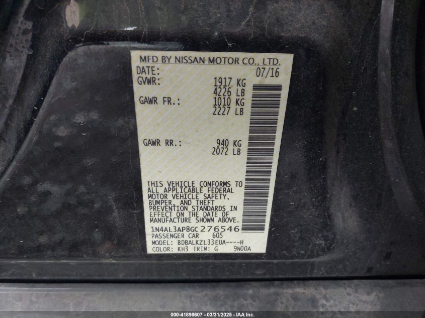 2016 Nissan Altima 2.5 Sv VIN: 1N4AL3AP8GC276546 Lot: 41898607