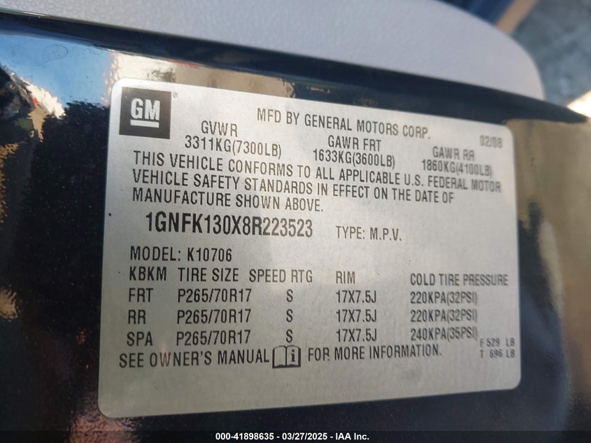 2008 CHEVROLET TAHOE VIN: 1GNFK130X8R223523