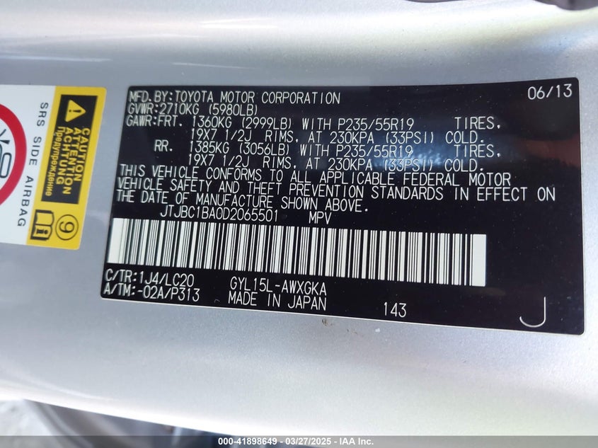 2013 LEXUS RX 450H - JTJBC1BA0D2065501