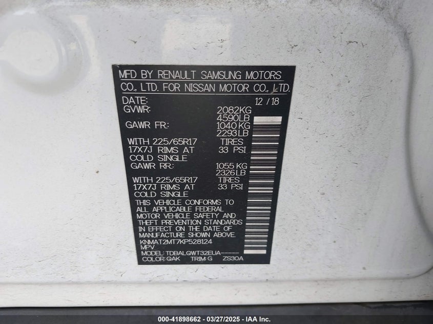 VIN KNMAT2MT7KP528124 2019 NISSAN ROGUE SV