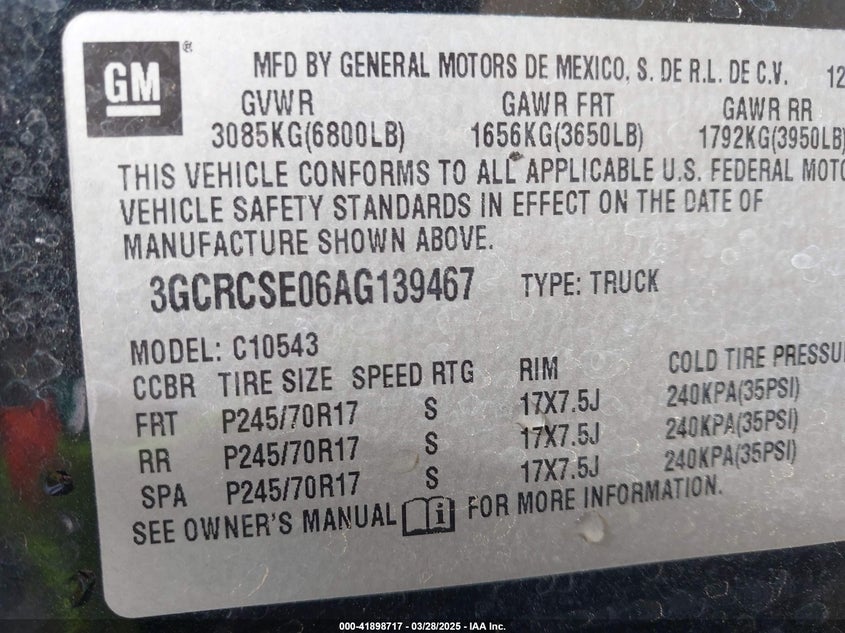2010 CHEVROLET SILVERADO 1500 VIN: 3GCRCSE06AG139467
