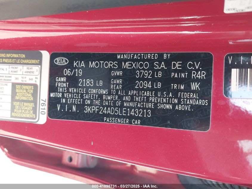 2020 Kia Forte Lxs VIN: 3KPF24AD5LE143213 Lot: 41898731