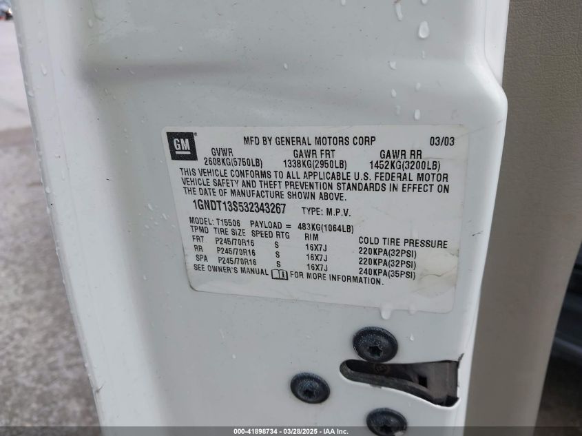 2003 Chevrolet Trailblazer Ls VIN: 1GNDT13S532343267 Lot: 41898734