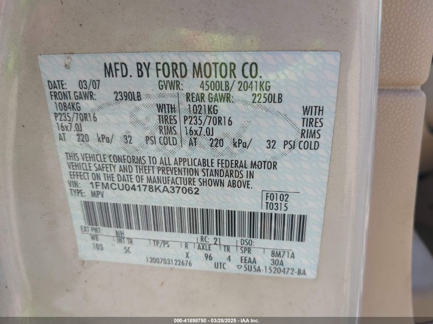 2008 Ford Escape Limited VIN: 1FMCU04178KA37062 Lot: 41898750