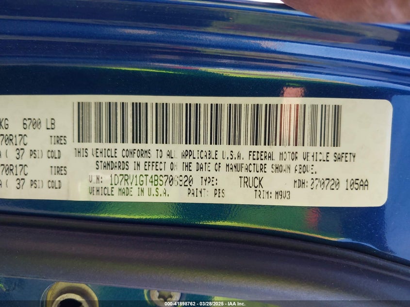 2011 Ram Ram 1500 Slt VIN: 1D7RV1GT4BS706920 Lot: 41898762