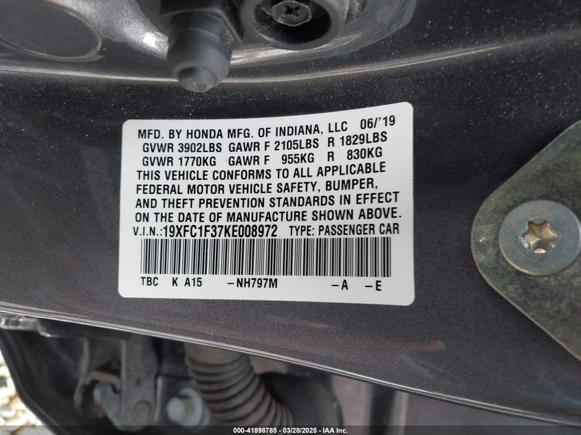2019 HONDA CIVIC VIN: 19XFC1F37KE008972