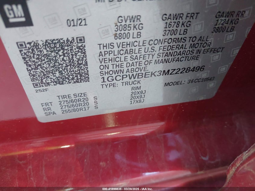 2021 CHEVROLET SILVERADO 1500 VIN: 1GCPWBEK3MZ228496