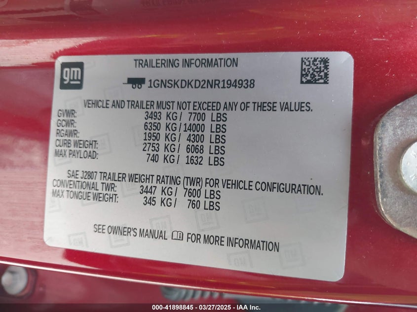 2022 CHEVROLET SUBURBAN 4WD Z71 - 1GNSKDKD2NR194938