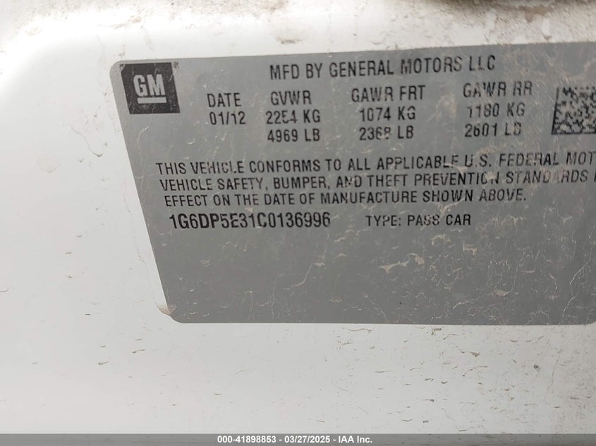 2012 CADILLAC CTS VIN: 1G6DP5E31C0136996