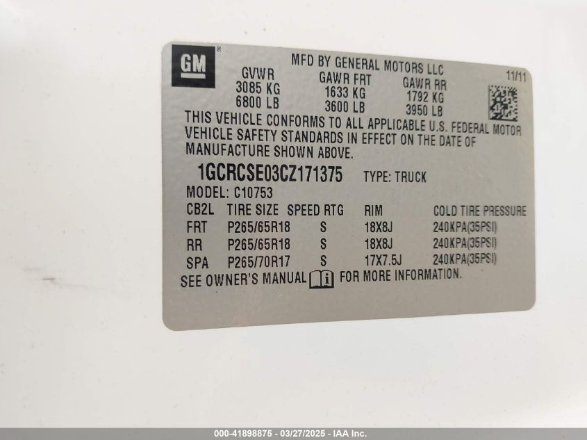 2012 Chevrolet Silverado 1500 Lt VIN: 1GCRCSE03CZ171375 Lot: 41898875