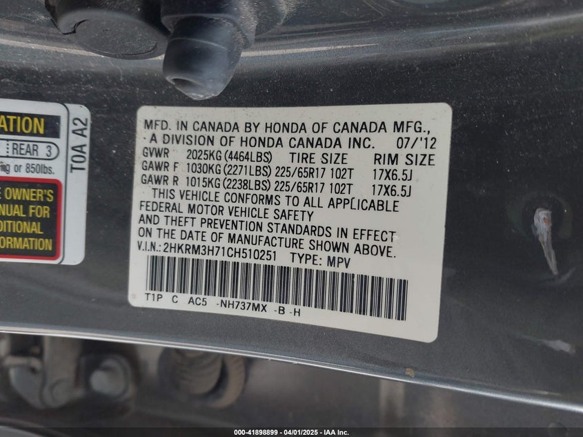 2012 HONDA CR-V VIN: 2HKRM3H71CH510251