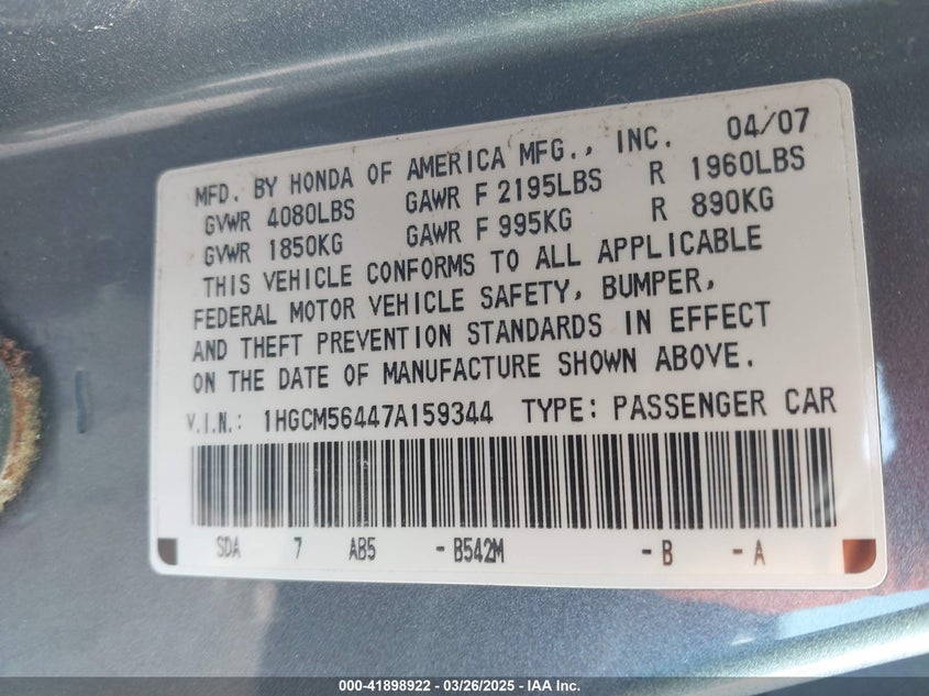 2007 HONDA ACCORD VIN: 1HGCM56447A159344