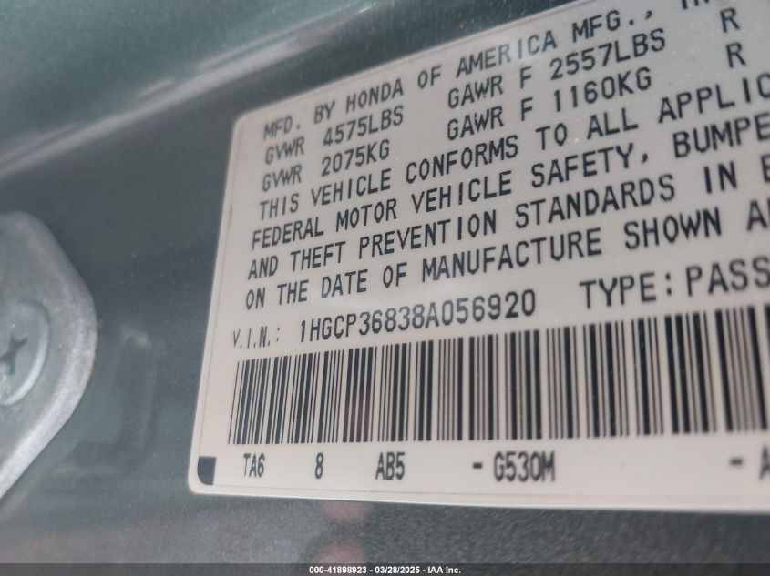 2008 Honda Accord 3.5 Ex-L VIN: 1HGCP36838A056920 Lot: 41898923