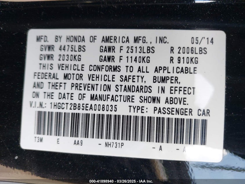 2014 HONDA ACCORD VIN: 1HGCT2B85EA008035