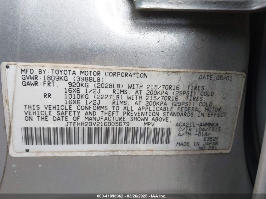 2001 Toyota Rav4 VIN: JTEHH20V216005679 Lot: 41898962