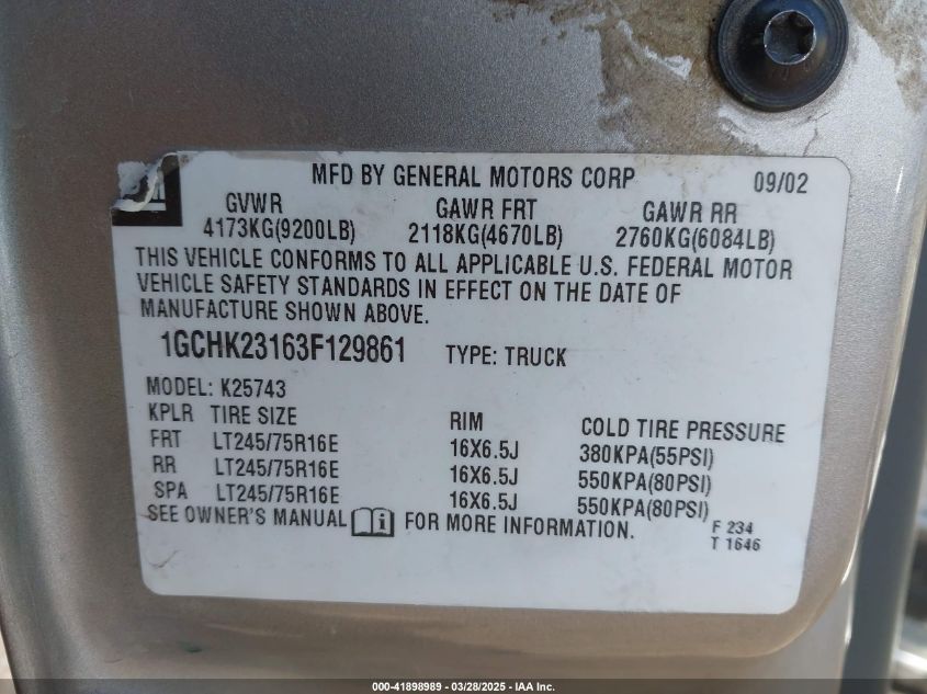 2003 Chevrolet Silverado 2500Hd Ls VIN: 1GCHK23163F129861 Lot: 41898989