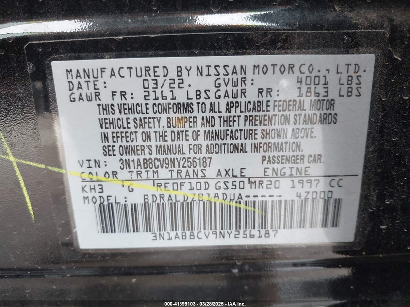 2022 NISSAN SENTRA VIN: 3N1AB8CV9NY256187
