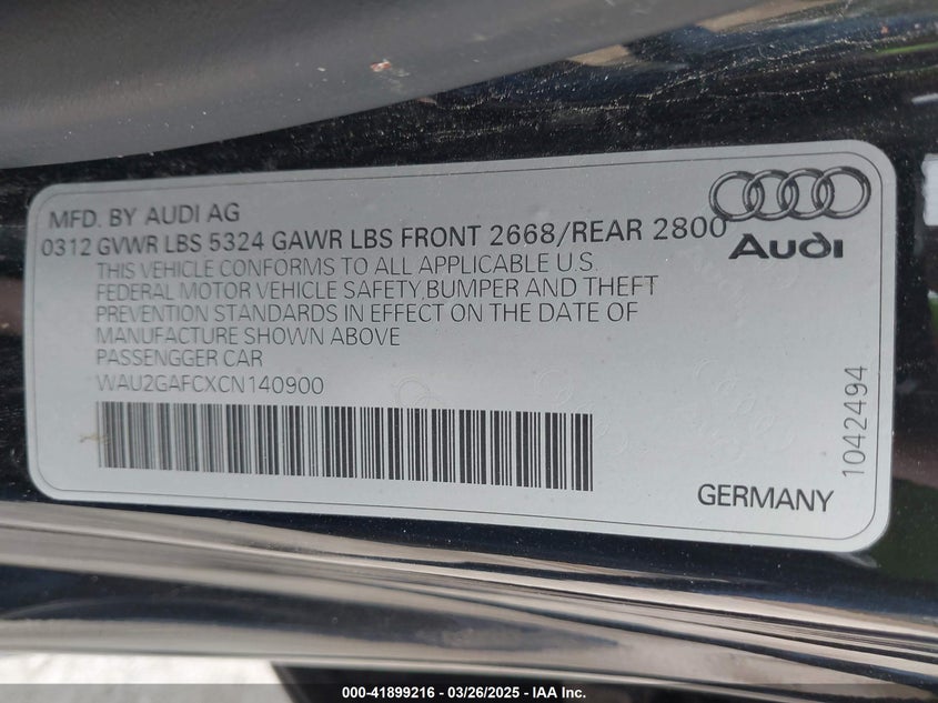 2012 AUDI A7 VIN: WAU2GAFCXCN140900