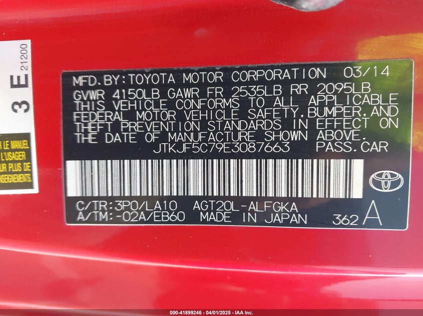 2014 SCION TC VIN: JTKJF5C79E3087663