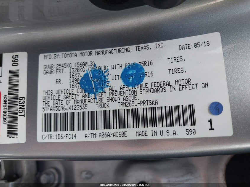 2018 TOYOTA TACOMA DOUBLE CAB/SR/SR5 - 5TFAX5GN6JX123535