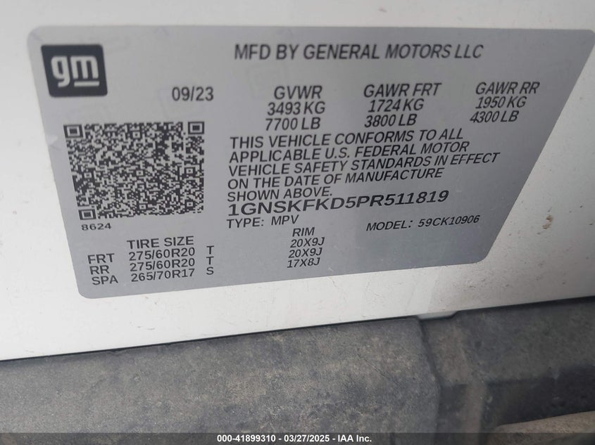 2023 CHEVROLET SUBURBAN VIN: 1GNSKFKD5PR511819