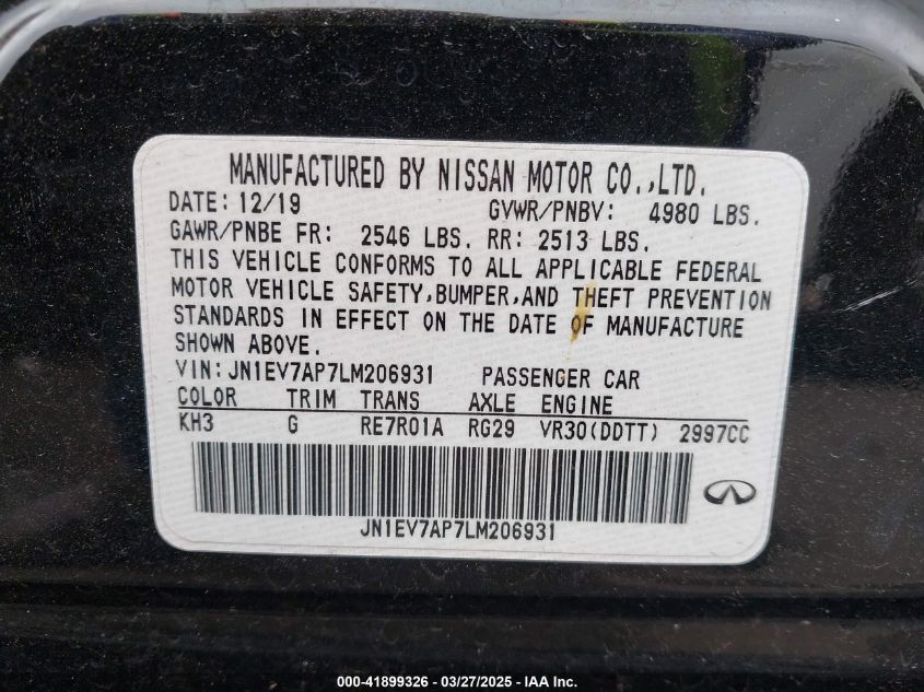 2020 Infiniti Q50 Luxe VIN: JN1EV7AP7LM206931 Lot: 41899326