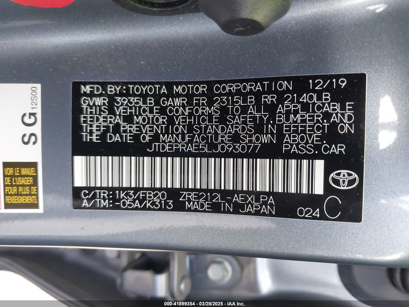 2020 TOYOTA COROLLA VIN: JTDEPRAE5LJ093077