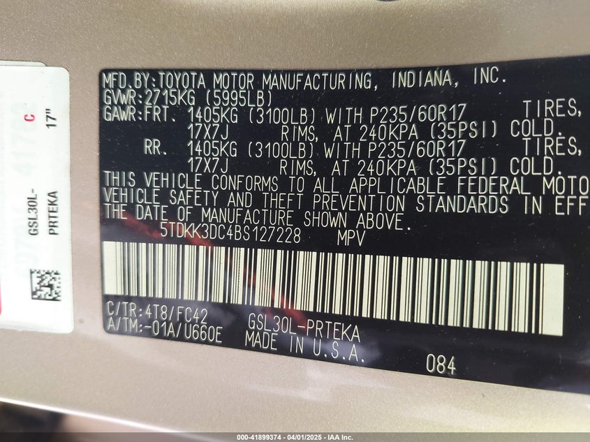 2011 Toyota Sienna Le V6 VIN: 5TDKK3DC4BS127228 Lot: 41899374