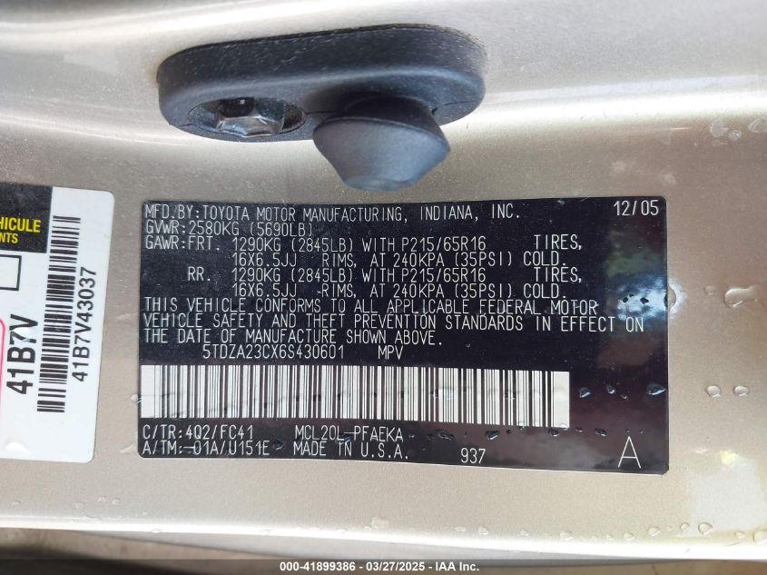 2006 Toyota Sienna Le VIN: 5TDZA23CX6S430601 Lot: 41899386