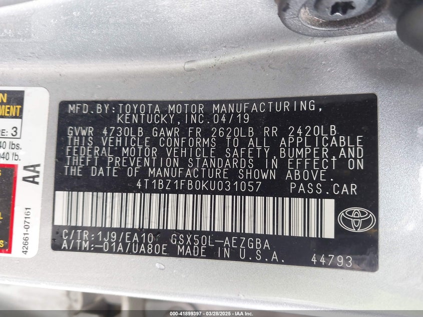 2019 TOYOTA AVALON VIN: 4T1BZ1FB0KU031057