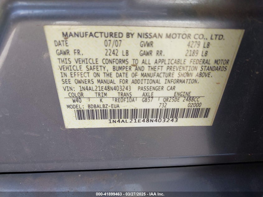 2008 NISSAN ALTIMA VIN: 1N4AL21E48N403243