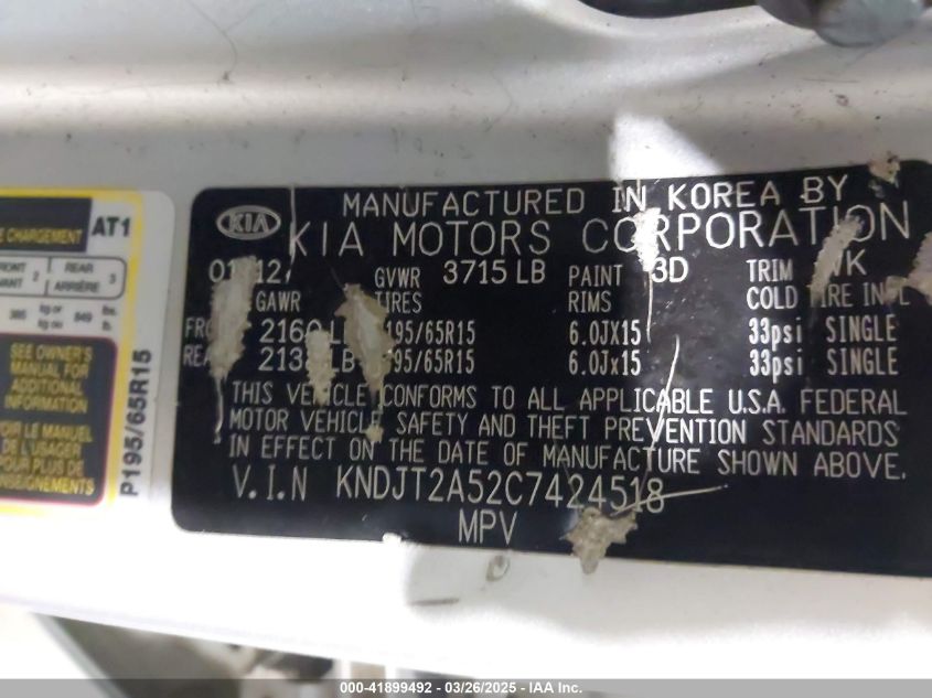 2012 Kia Soul VIN: KNDJT2A52C7424518 Lot: 41899492